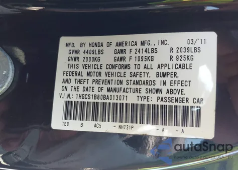 2011 Honda Accord Exl z USA, uszkodzony, nr VIN 1HGCS1B80BA013071